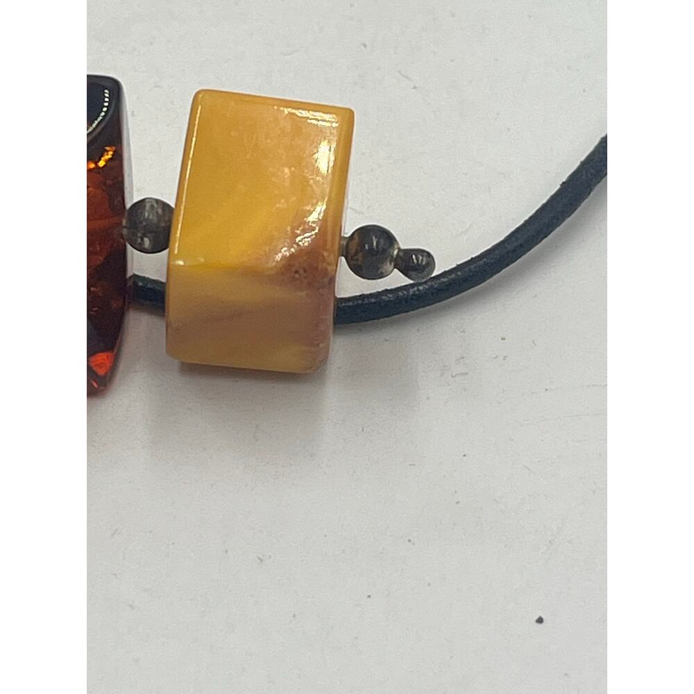 Sterling Silver Vintage Cube Modernist Triple Amber Pendant Black Chord Necklace - Picture 7 of 16